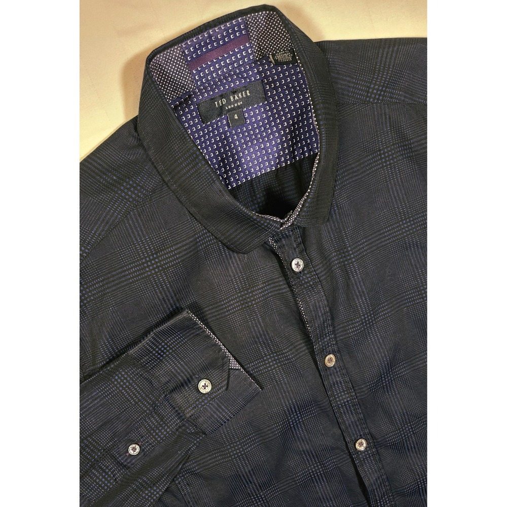 Ted Baker London Mens Navy Blue Plaid Button Down Shirt Size 4 M 0011
